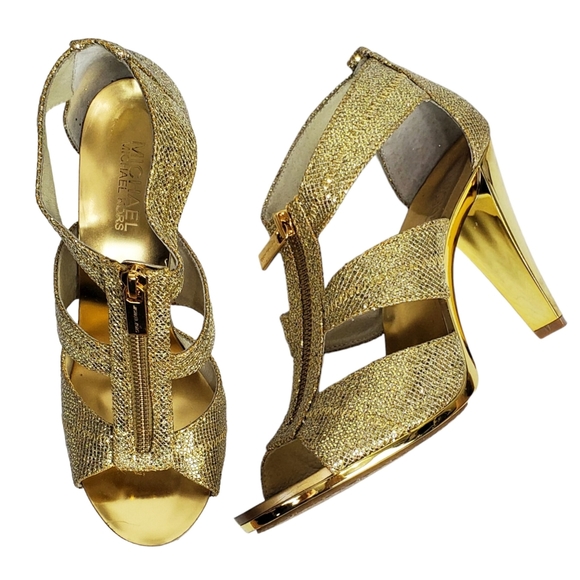 Michael kors berkley Size 8 party evening straps heeled sandals gold glitter